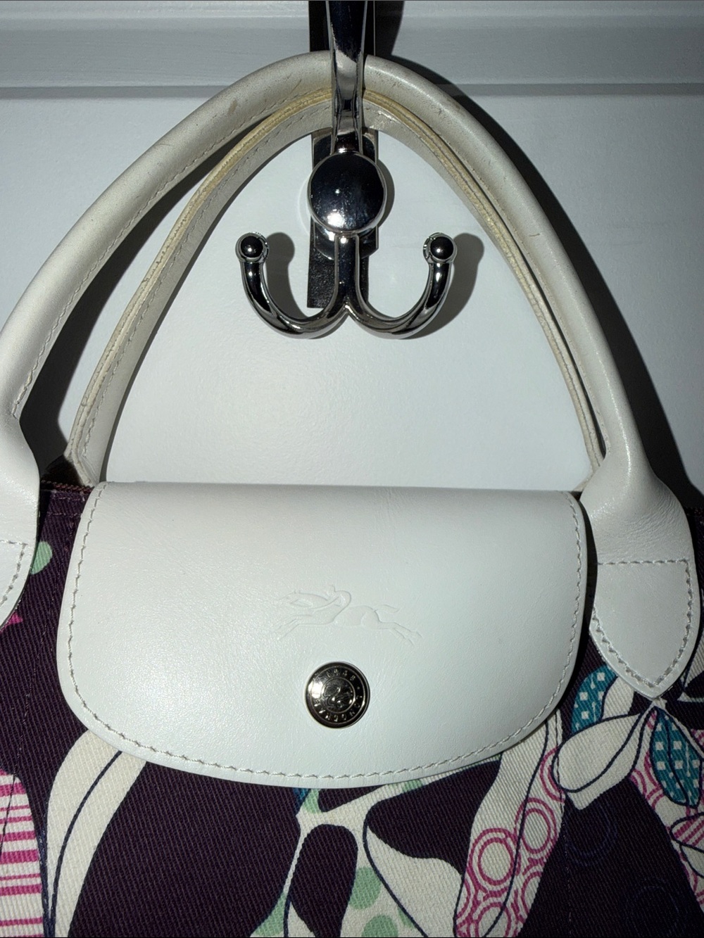 Longchamp Floral Pattern Tote Bag with White Handles - Purple - Picture 2 of 7